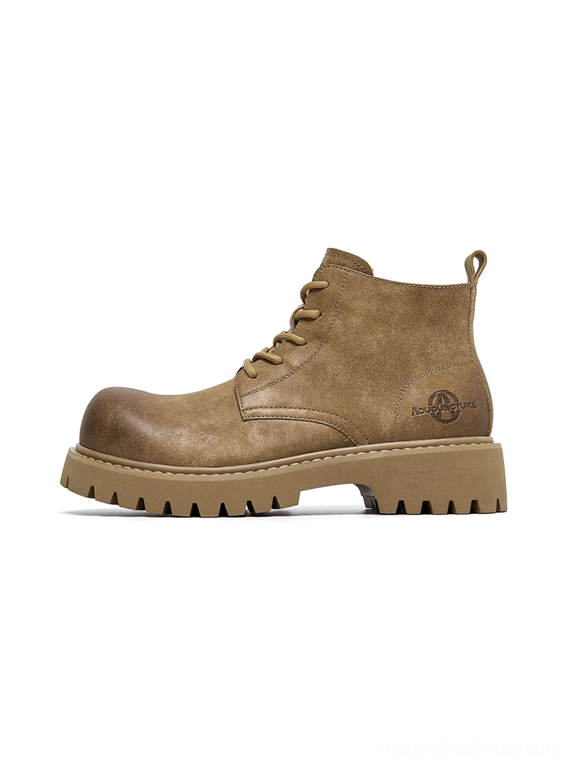 Tan lug-sole work boots with distressed synthetic leather upper, round toe, lace-up front, and deep rugged outsole shown from the left side