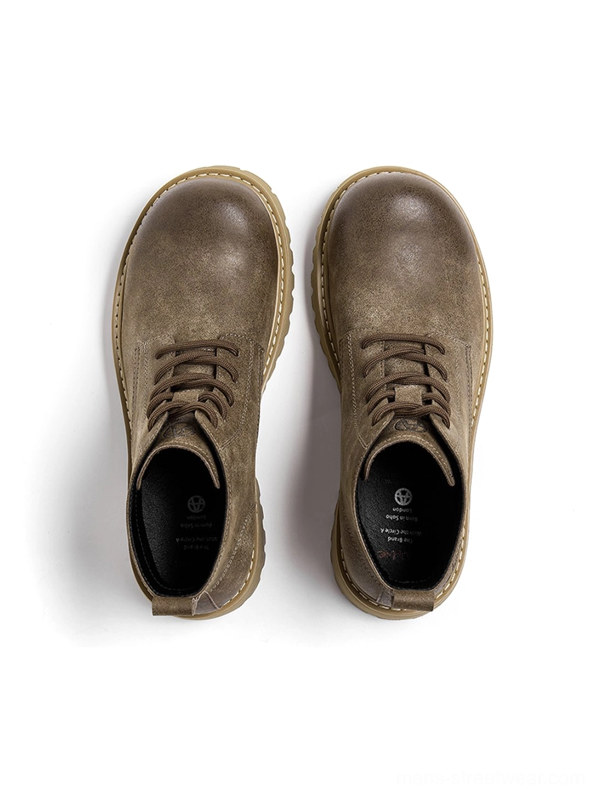 Tan round-toe utility boots designed for layered Acubi fashion, casual workwear, and urban outfits