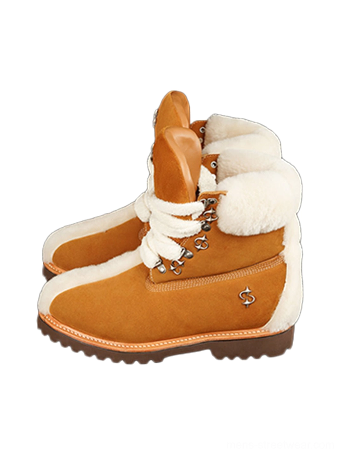 Overlapped pair of tan shearling-lined lug sole work boots showing padded collar, oversized lacing, suede upper, and thick rubber outsole