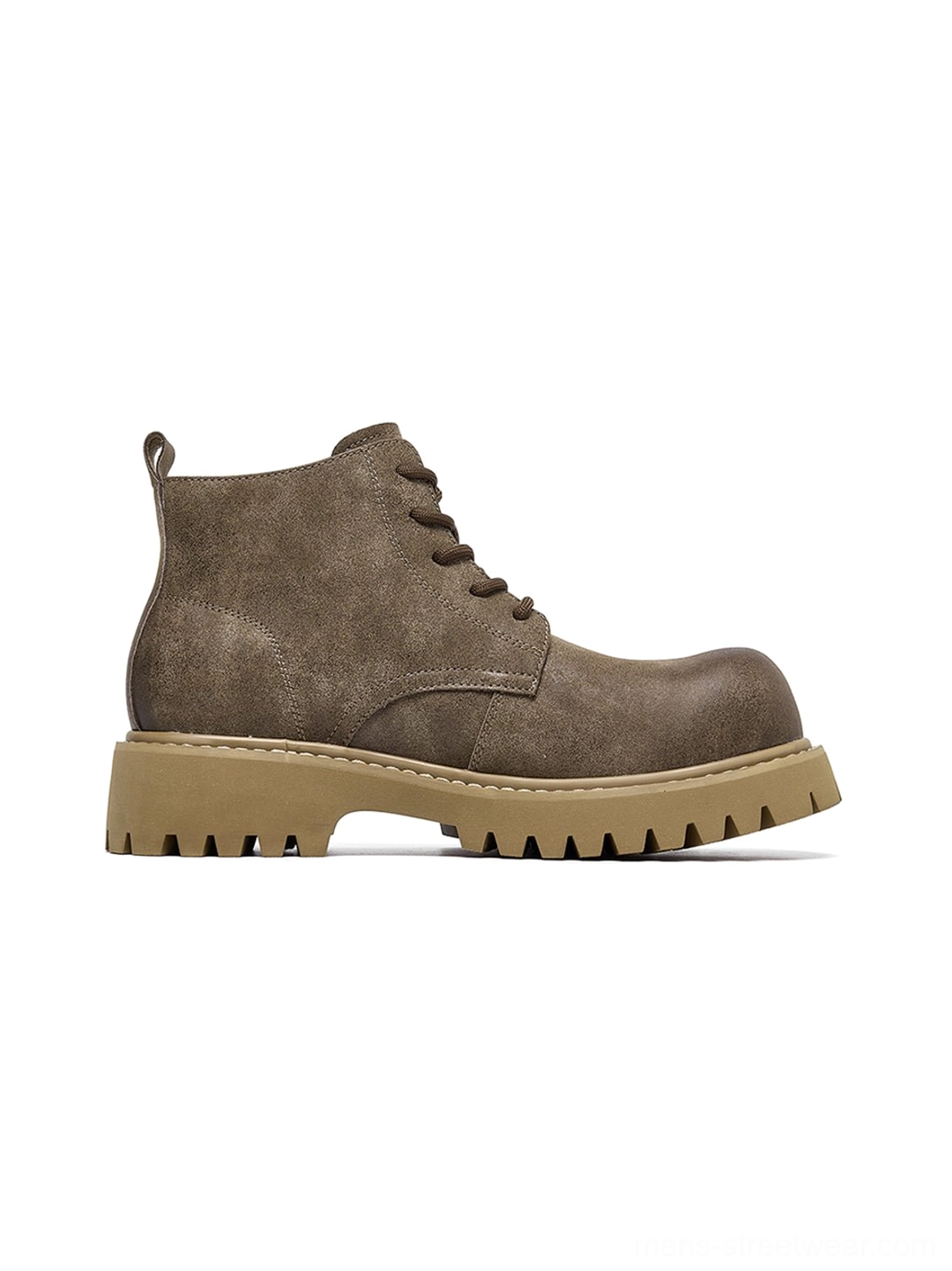 Tan streetwear work boots with rounded toe, padded ankle, and deep tread shown in product detail