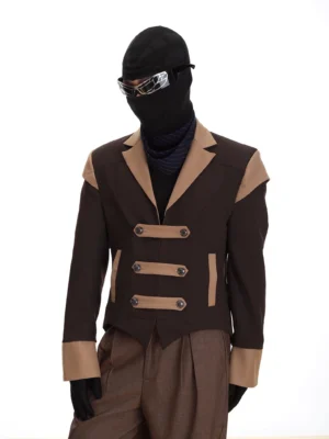 Tanwood two-tone military buckle cropped blazer styled with brown wide-leg trousers in an avant-garde Seoul streetwear outfit