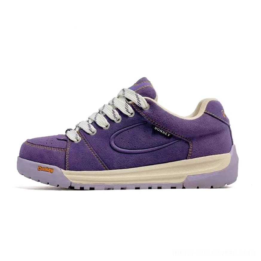 Taro purple suede court sneakers with silver flat laces, light purple sole, and retro streetwear court design