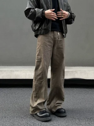 Taupe brown wide-leg utility cargo pants front three-quarter full-body view with structured side cargo pocket