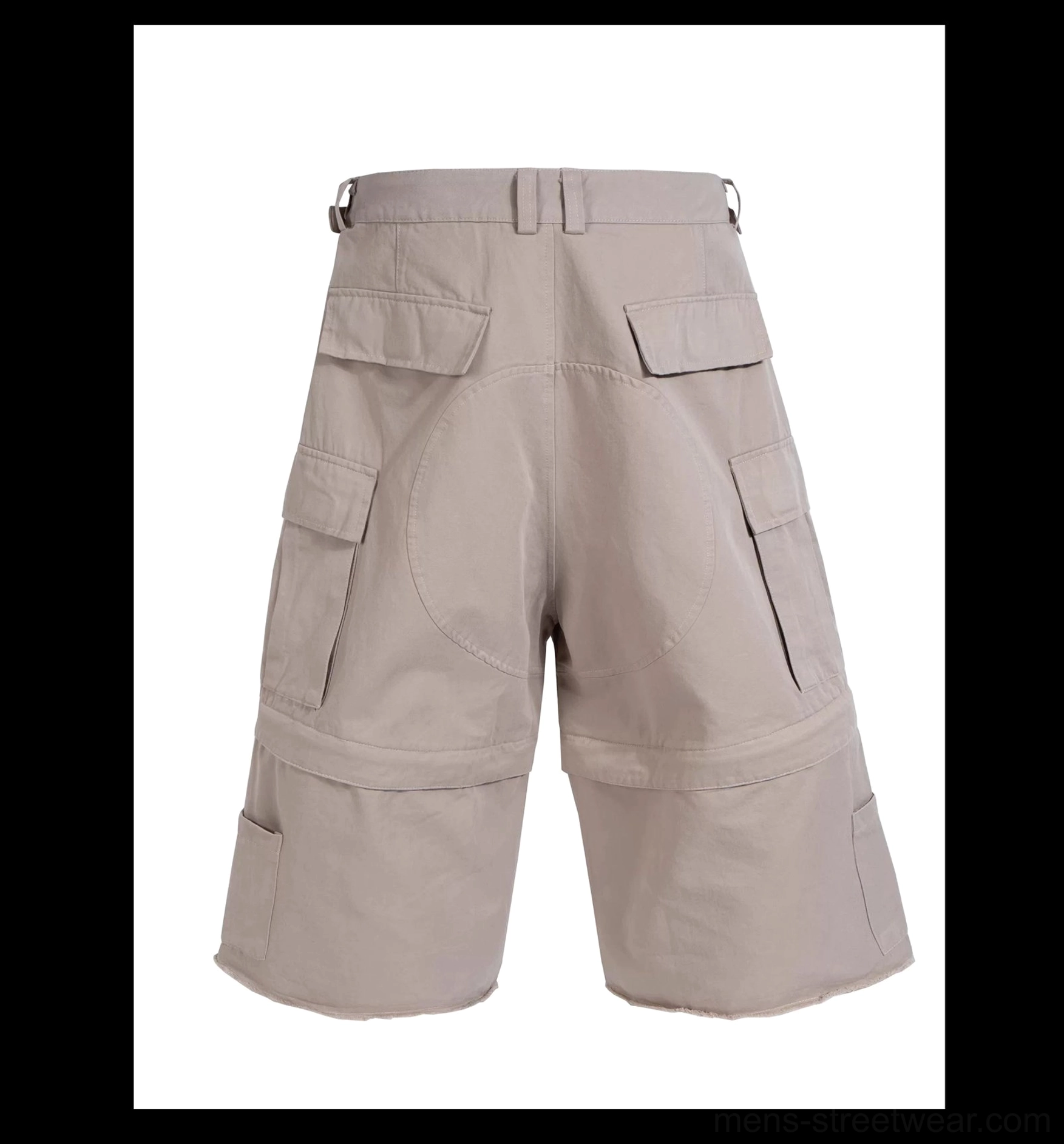 Back flat lay view of taupe grey convertible cargo shorts showing rear pockets, clean stitching, zip-off seam, and relaxed utility silhouette