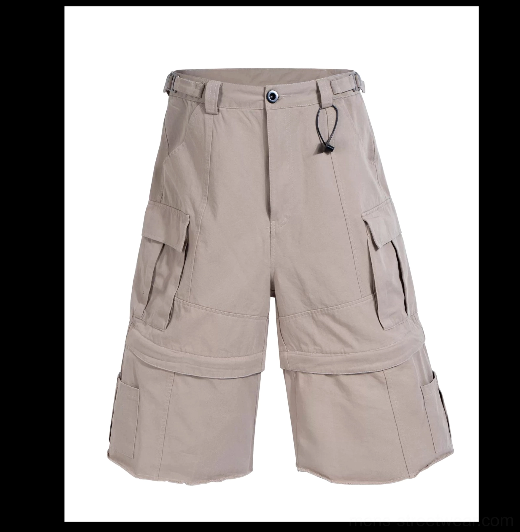 Taupe grey convertible zip-off cargo shorts shown flat with neutral cotton twill fabric, adjustable waist detail, and practical cargo pockets