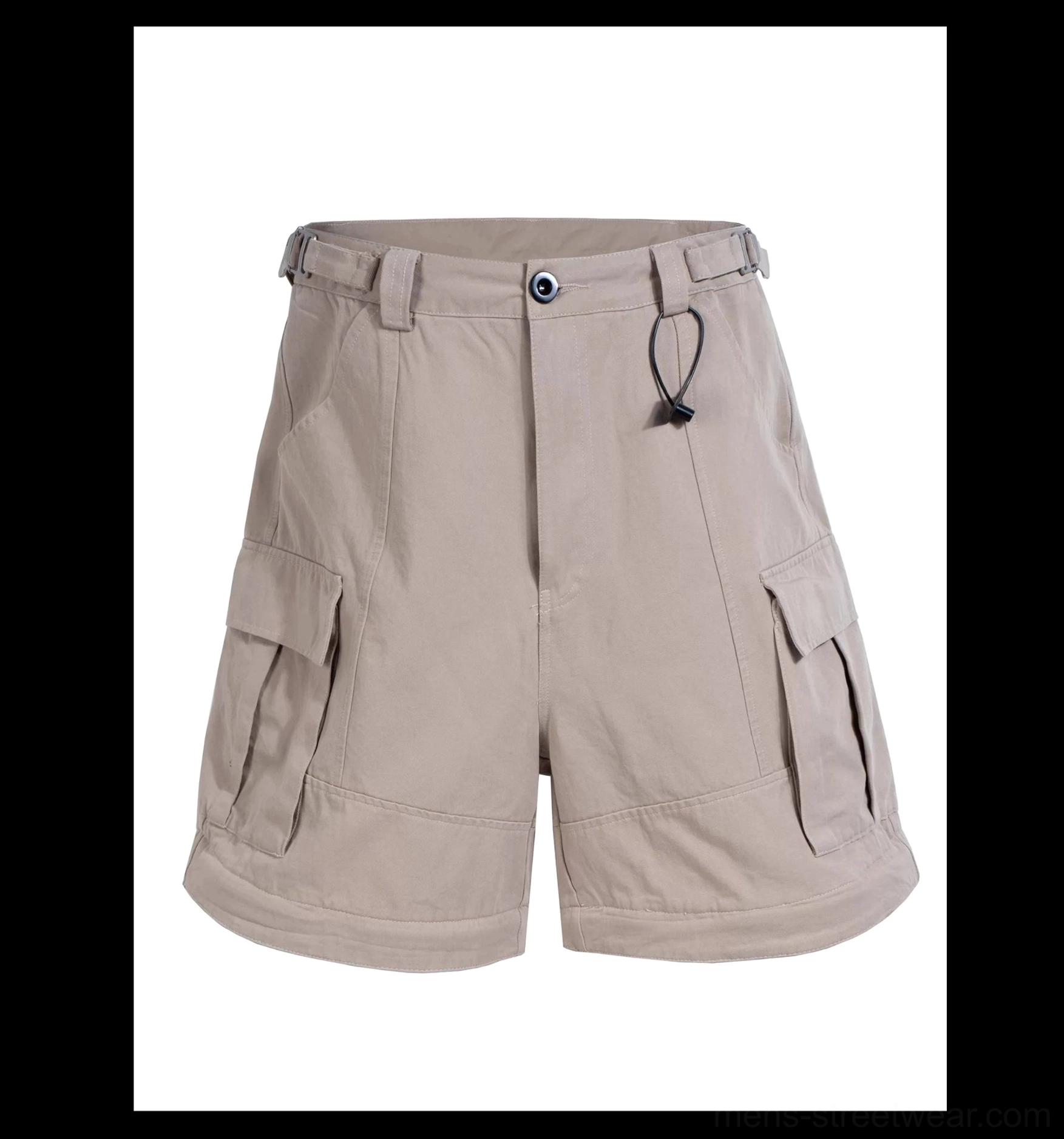 Left-side flat lay view of taupe grey zip-off cargo shorts with side cargo pocket, belt loops, cotton twill construction, and waist adjuster