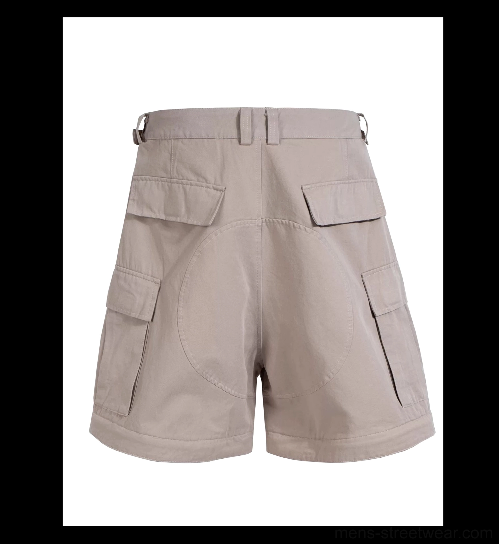 Right rear flat lay view of taupe grey zip-off cargo shorts with rear and side utility pockets, matching hardware, and structured cotton fabric