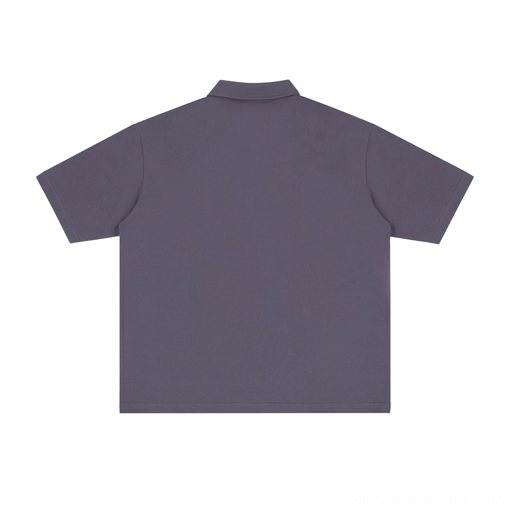 Back flat lay of a dark grey short sleeve technical polo shirt showing the clean seamless back and relaxed boxy streetwear silhouette
