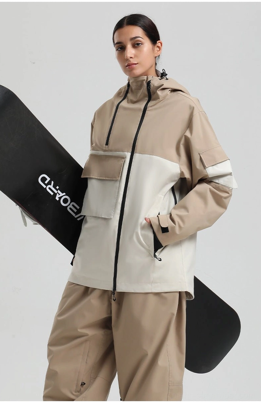 Technical winter snowboard outerwear with colorblock construction, breathable ventilation design, insulated lining, and hooded silhouette