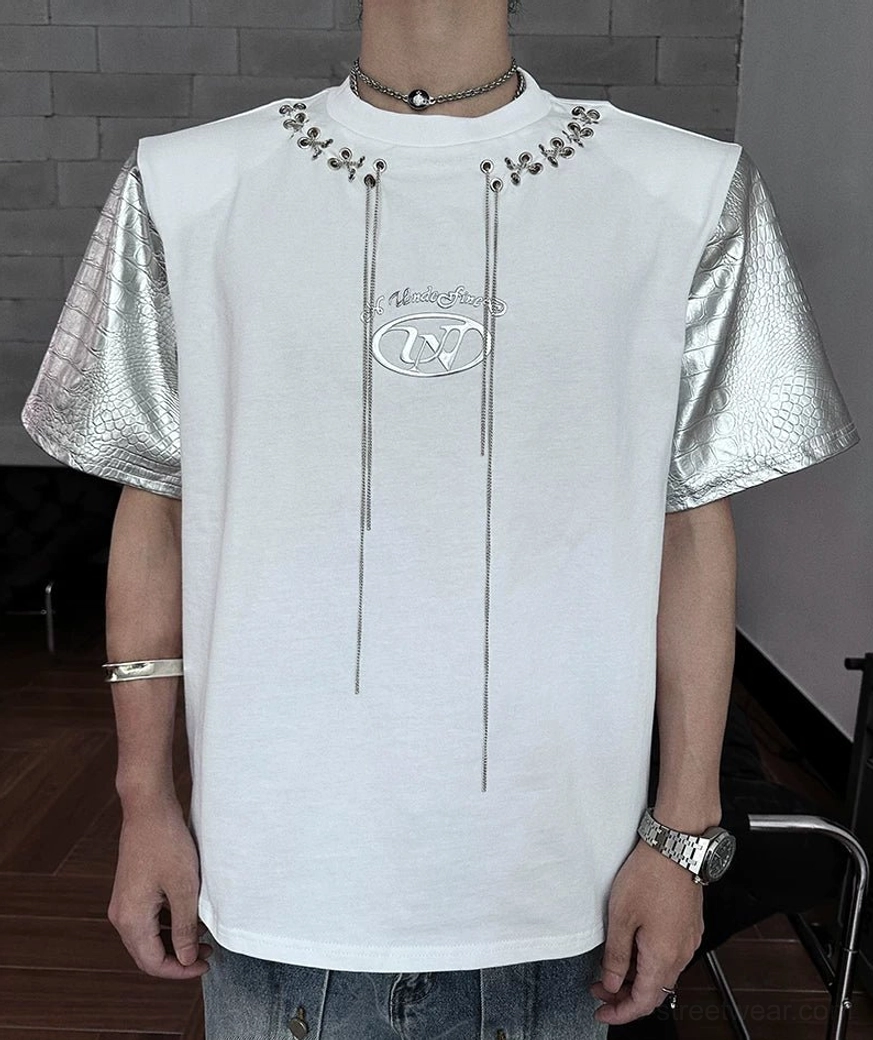 Techwear-inspired chain lace panel tee with breathable cotton body, textured faux-leather sleeves, and futuristic street style