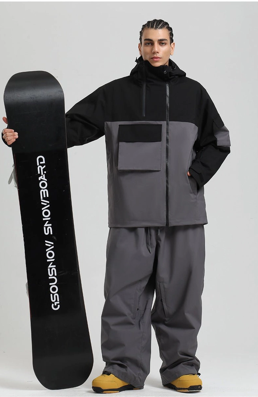 Techwear snowboard jacket with medium weight insulation, wind skirt, layered cuffs, vent zips, and oversized streetwear proportions