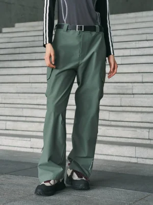 Sage green techwear waterproof cargo pants shown in a full front view with a relaxed straight-leg fit and outdoor hiking shoes