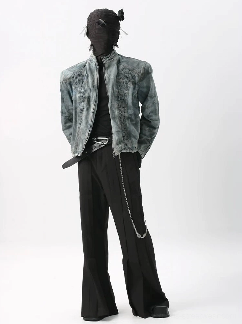 Textured acid-wash denim moto jacket side view with stand collar cropped silhouette and padded shoulders
