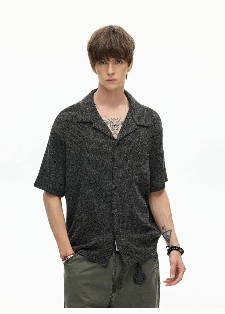 Textured camp collar shirt product image highlighting the relaxed short sleeve silhouette and contemporary Korean streetwear aesthetic