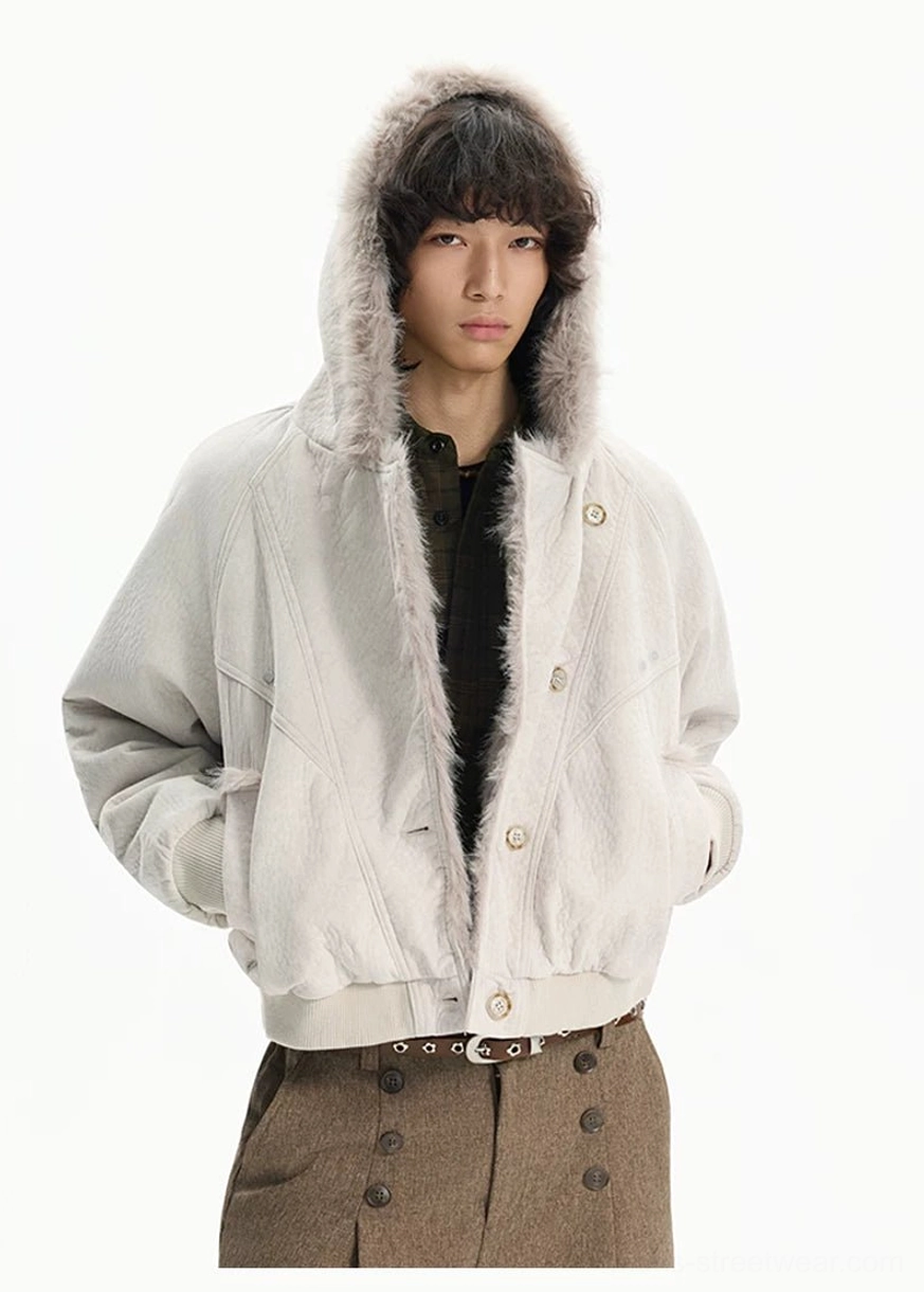 Textured cropped bomber jacket with faux fur front trim ribbed hem and casual winter layering design