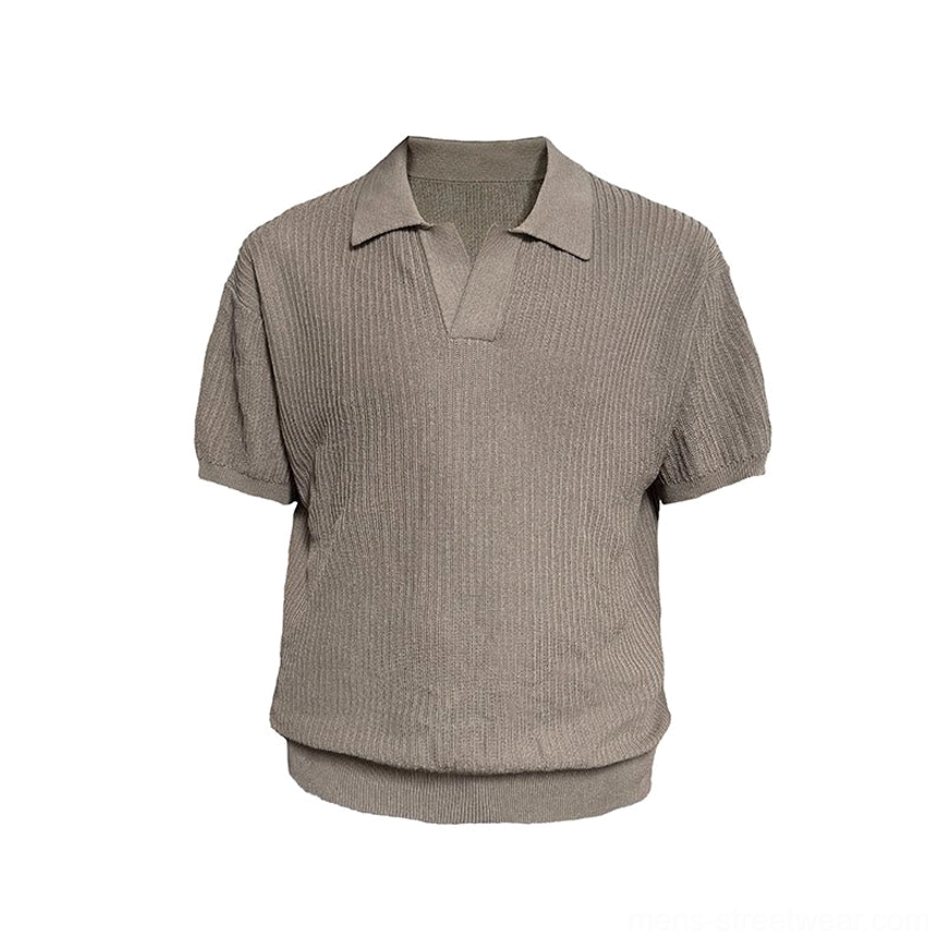Textured knit open-collar polo shirt featuring a neat ribbed hem and relaxed modern menswear silhouette