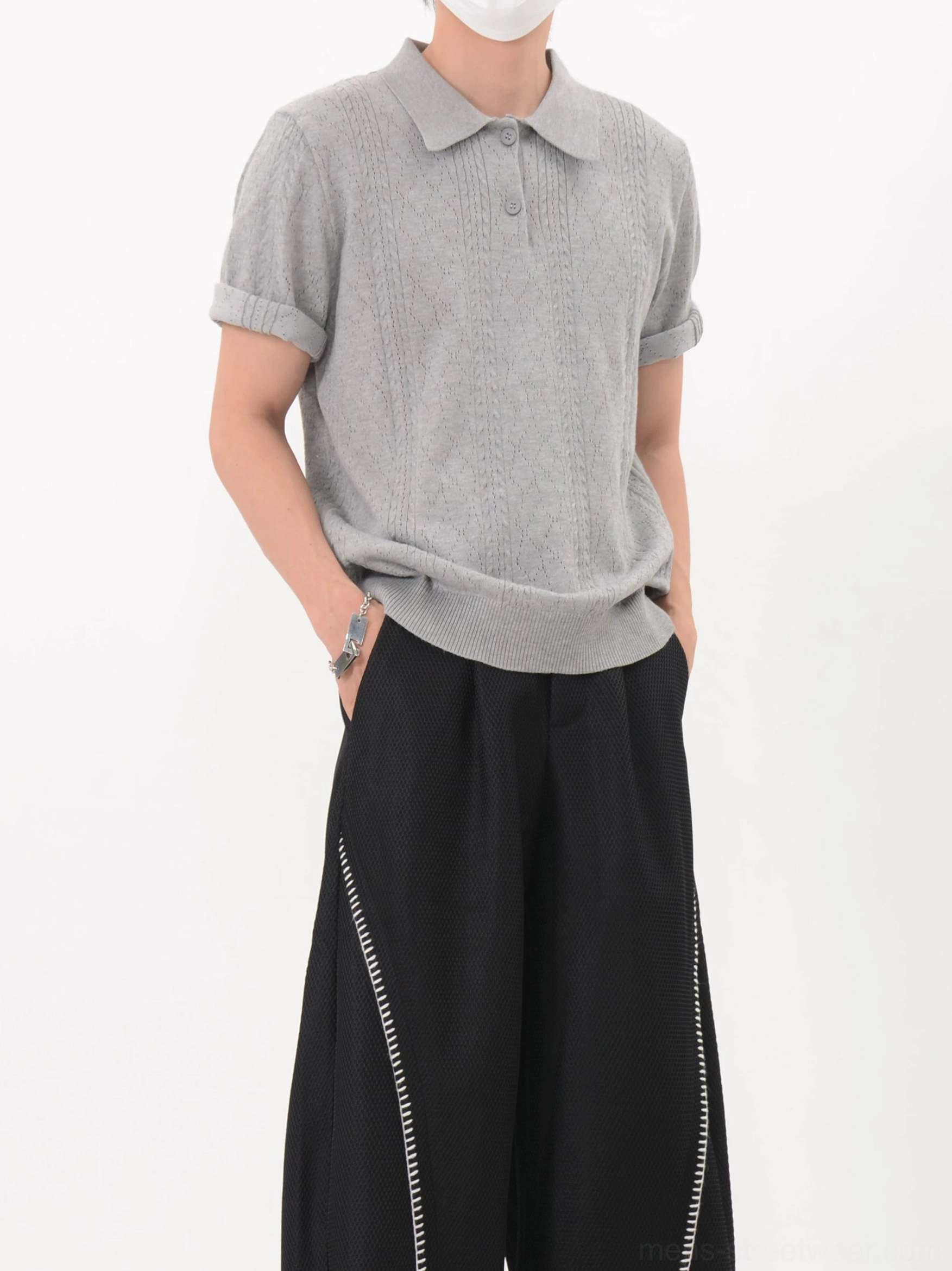 Textured lattice knit polo shirt with relaxed short sleeve silhouette and refined Korean streetwear inspired design