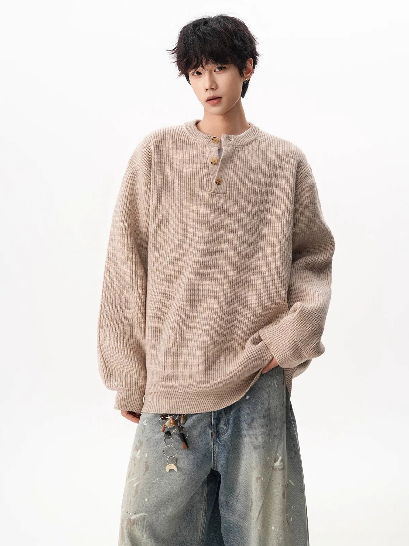 Textured oversized Henley knit sweater designed for Acubi fashion, Seoul streetwear, and cool-weather layering