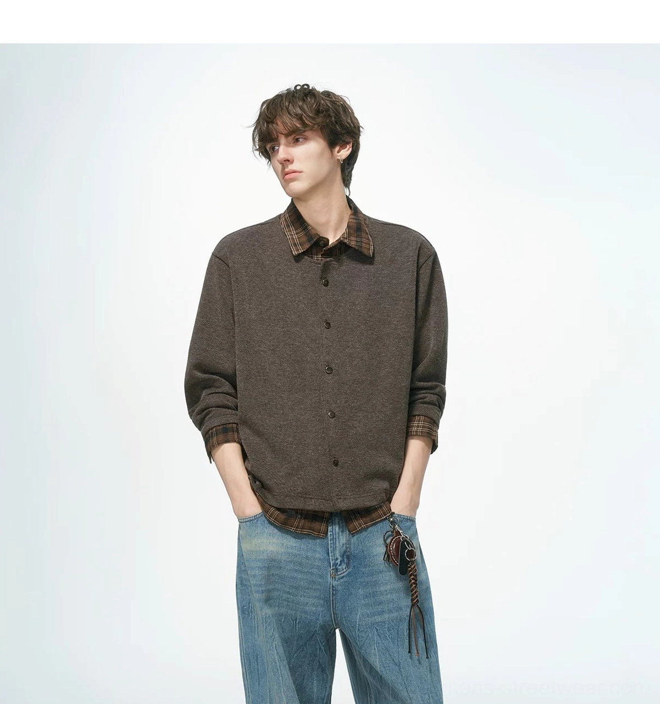 Textured plaid collar knit shirt jacket with a relaxed boxy fit for contemporary Asian streetwear outfits