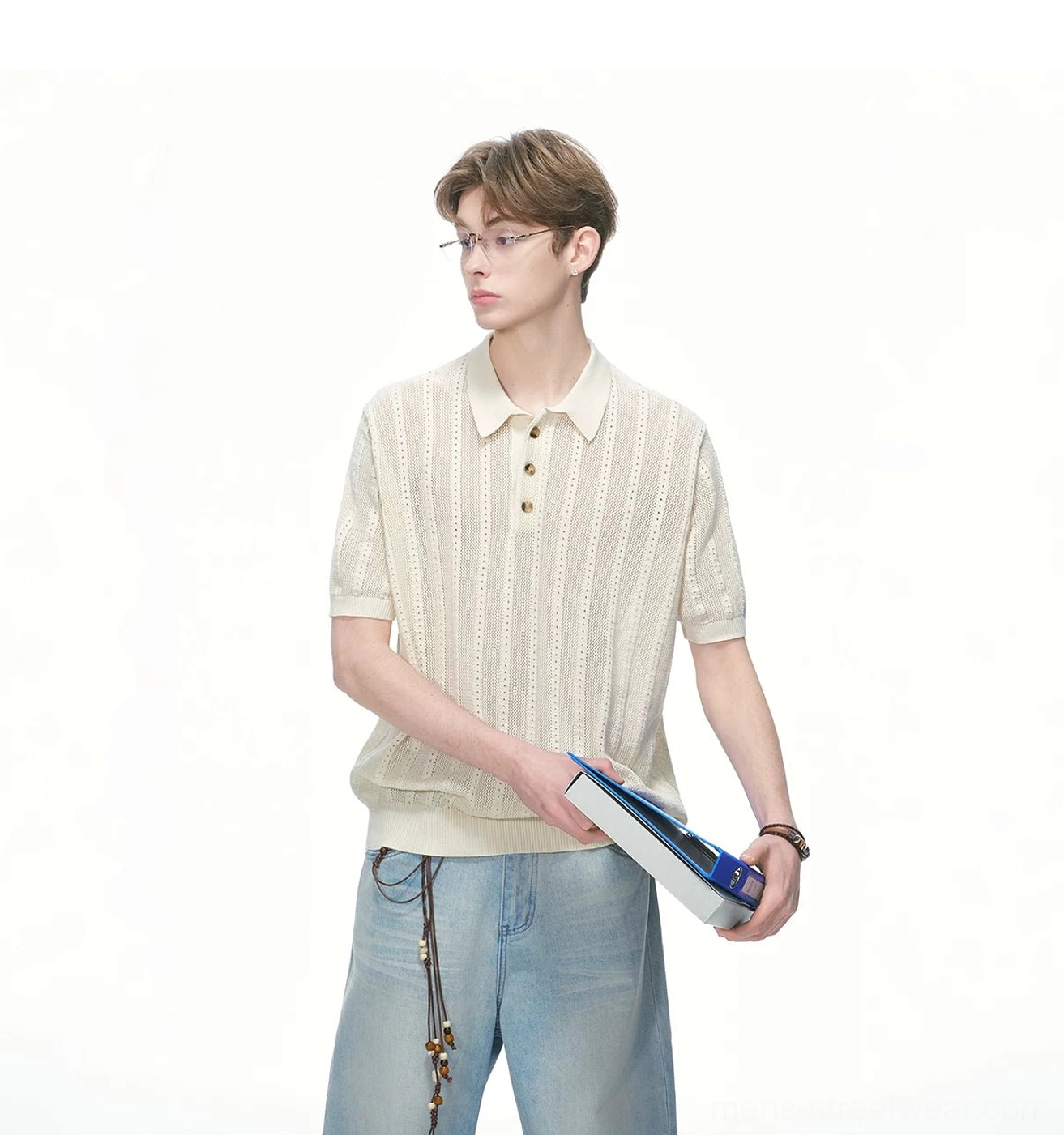 Textured pointelle knit polo shirt with ribbed collar cuffs and hem for contemporary East Asian fashion styling