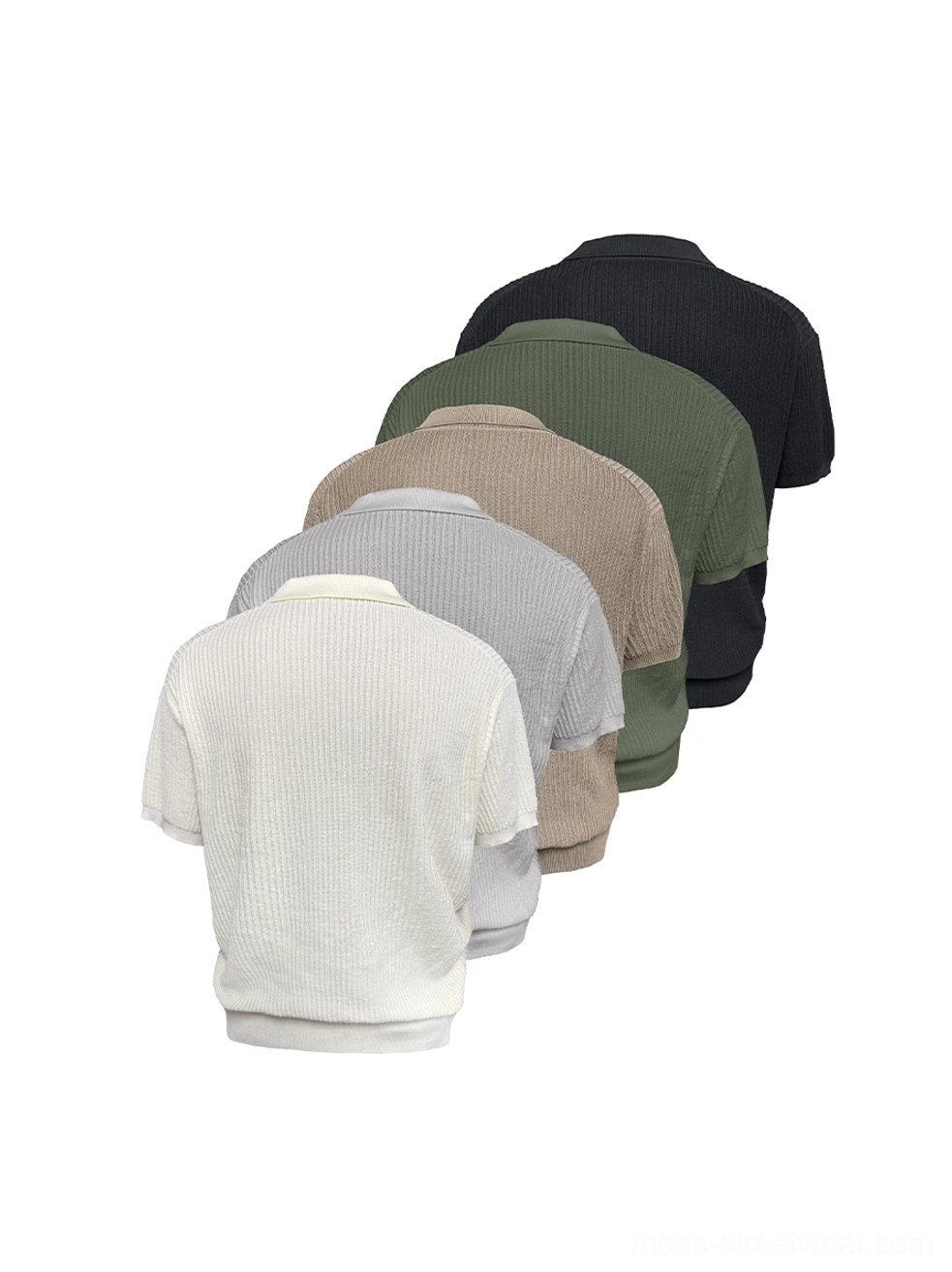 Five-color textured ribbed knit short-sleeve open-collar polo shirt collection arranged in an angled flat lay
