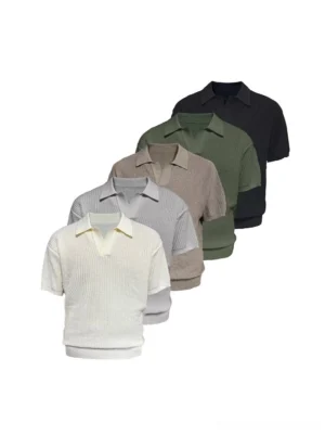 Multi-color textured ribbed knit open-collar polo shirt collection displayed flat on a white background