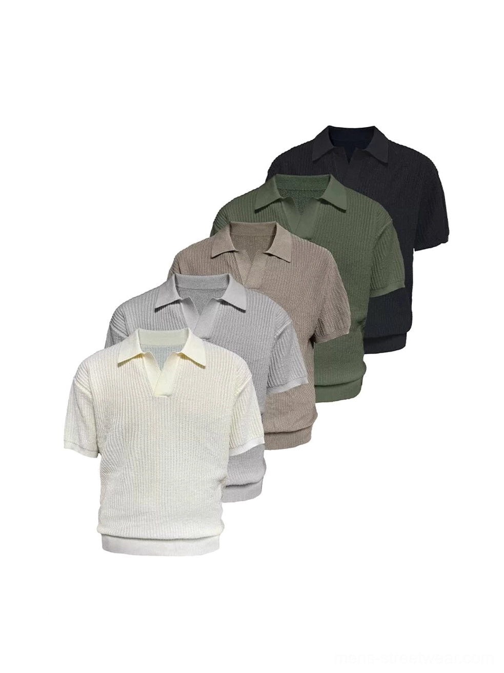 Multi-color textured ribbed knit open-collar polo shirt collection displayed flat on a white background