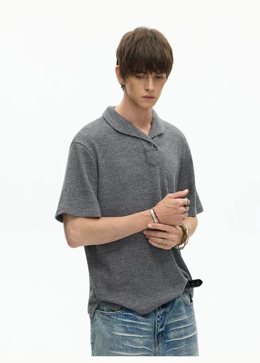 Textured shawl collar knit polo tee in a relaxed Korean streetwear silhouette with short sleeves and versatile solid-color design