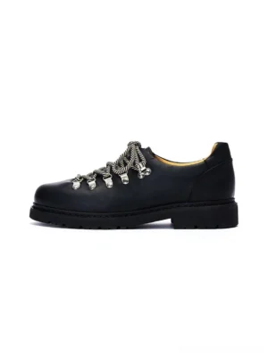 Black textured suede metal-eyelet derby shoe shown in a left side flat lay view on a white background
