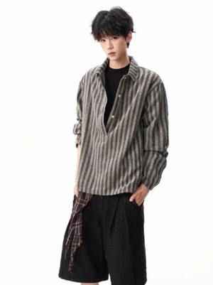 Gray-brown textured vertical stripe Henley shirt shown from the front three-quarter view in a relaxed Korean streetwear outfit