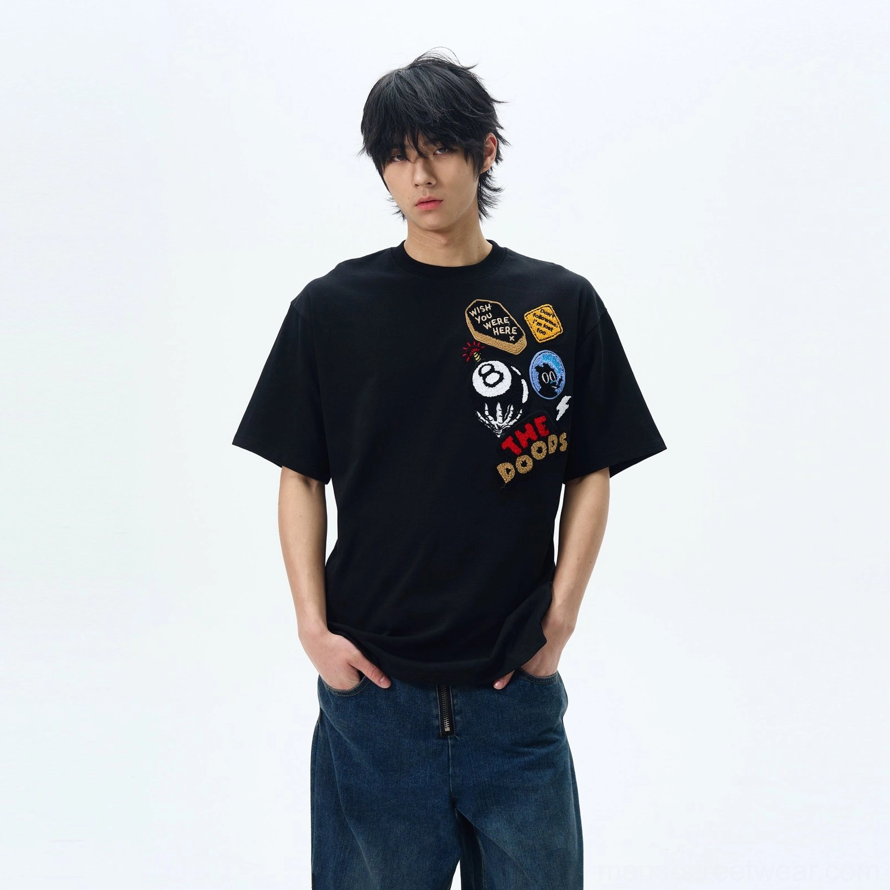 THE DOODS graphic patch oversized streetwear T-shirt product image in black color