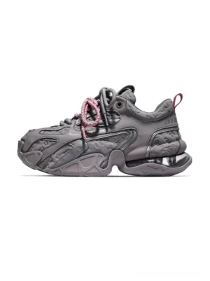 Titan Orbit chunky retro dad sneakers in dark grey with pink dual laces and sculpted cushioned sole side profile