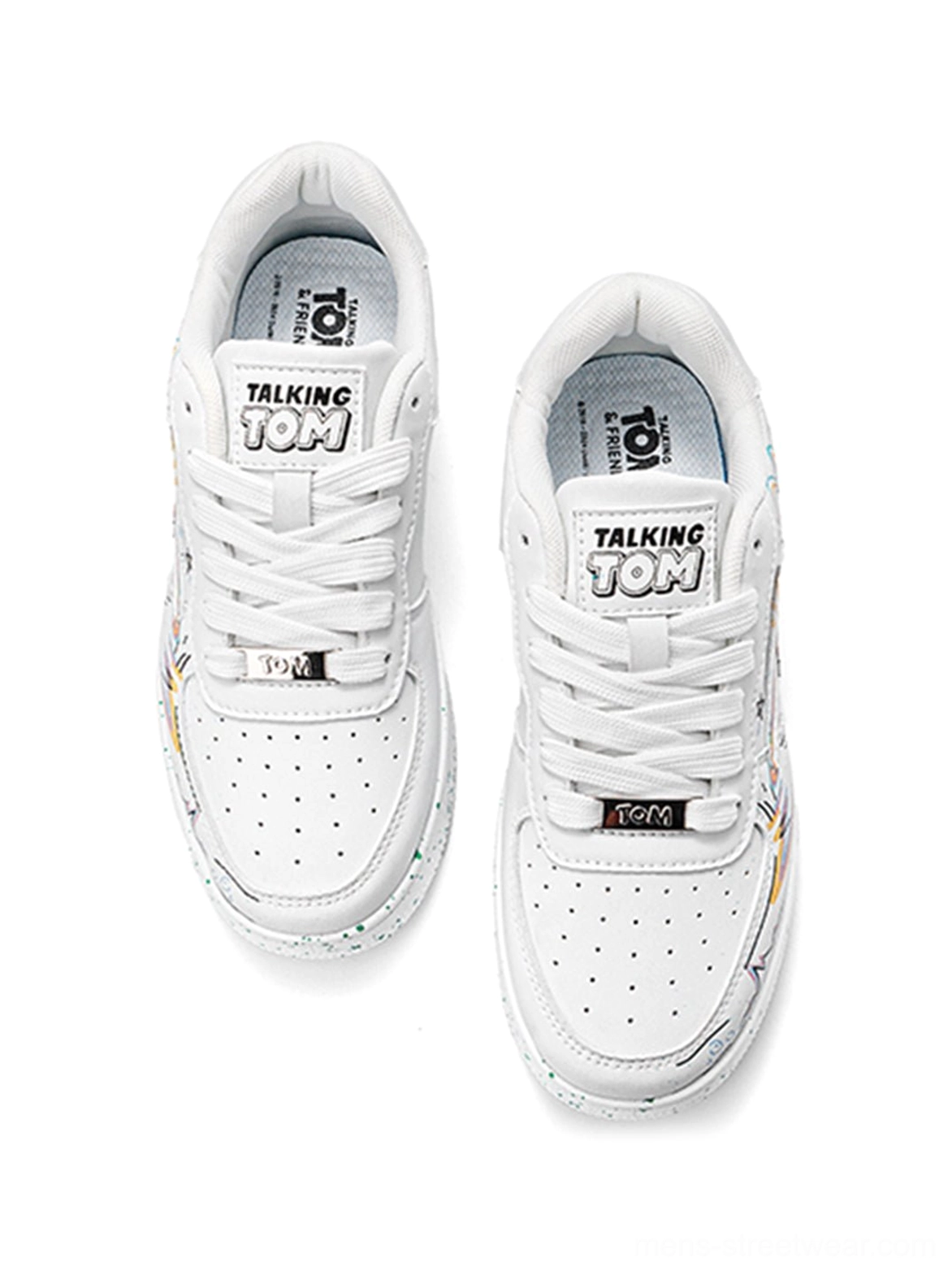 Top-down view of graffiti lightning court sneakers showing colorful tongue graphics, perforated toe boxes, and matching streetwear artwork