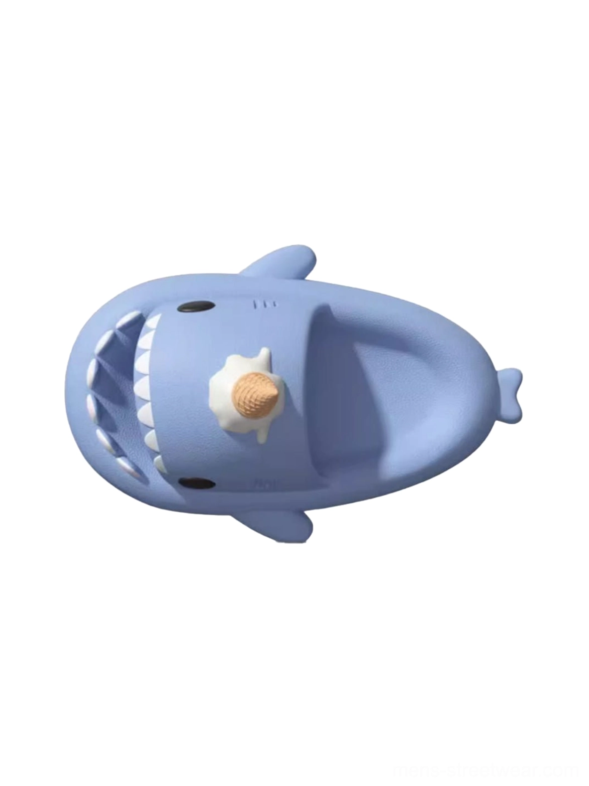 Top view of light blue shark platform slipper showing open mouth, white teeth, and central novelty decoration