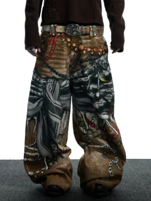 Front low-angle view of tribal collage print wide-leg jeans with all-over vintage chain bead and distressed accessory graphics styled with a cropped dark brown streetwear top
