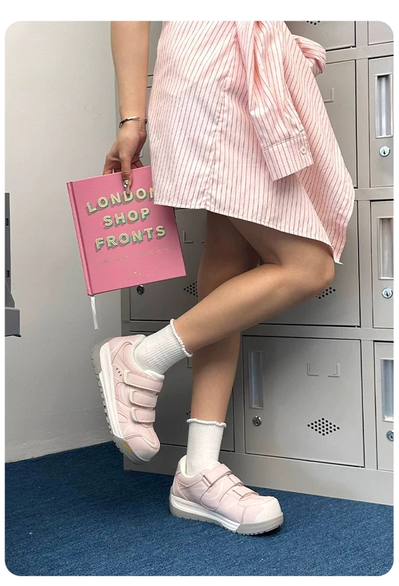 Pink triple strap casual platform sneakers styled with a striped shirt dress for a youthful streetwear look