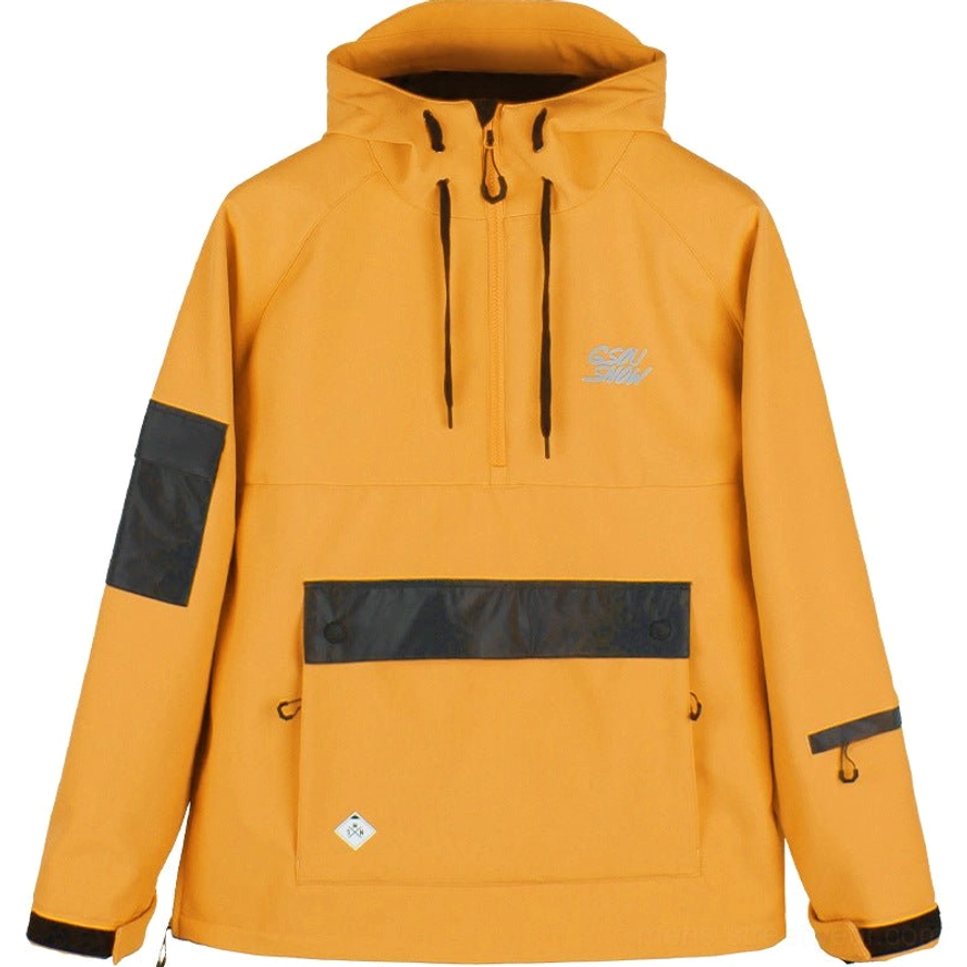 Turmeric yellow unisex reflective color block snow anorak jacket with half zip hood and cargo pocket