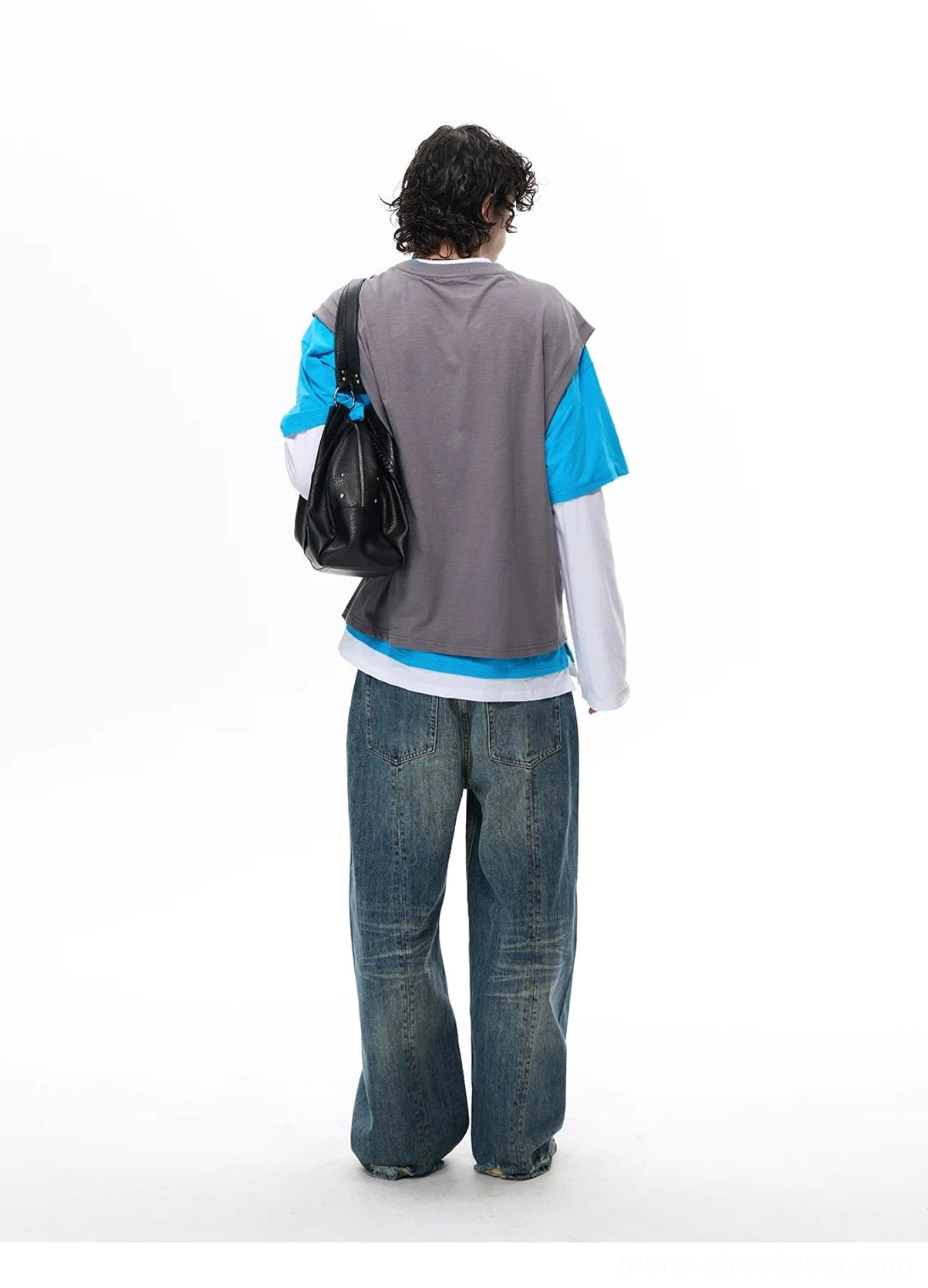 Two-tone layered vest tee top in a relaxed Korean streetwear silhouette with contrasting long sleeves and cropped outer layer
