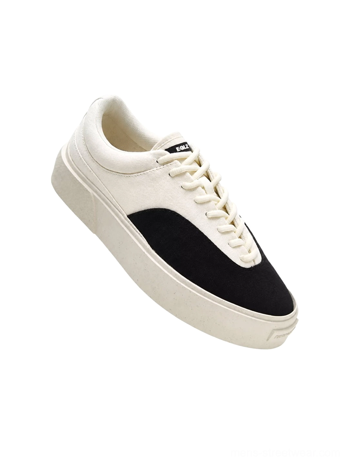 Two-tone neutral platform canvas trainers with contrast dark toe panel and thick vintage cream sole