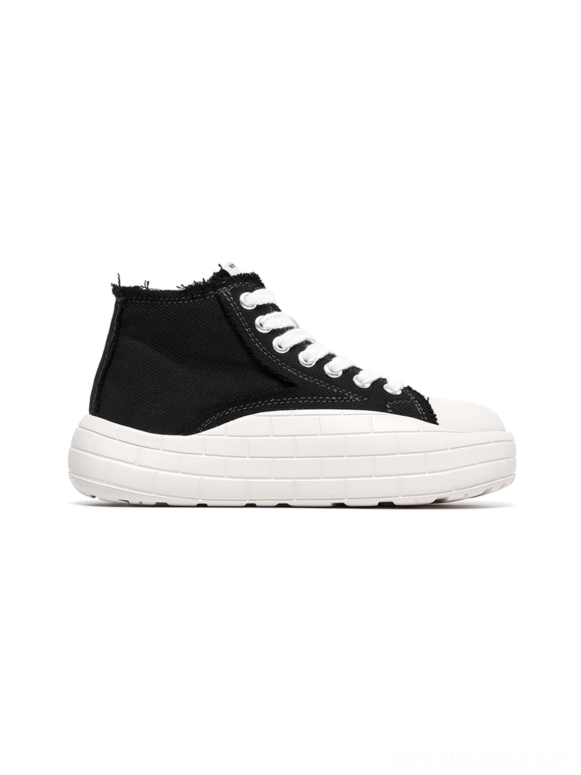 Streetwear high-top canvas sneakers with two-tone design, extended lacing, and thick platform outsole