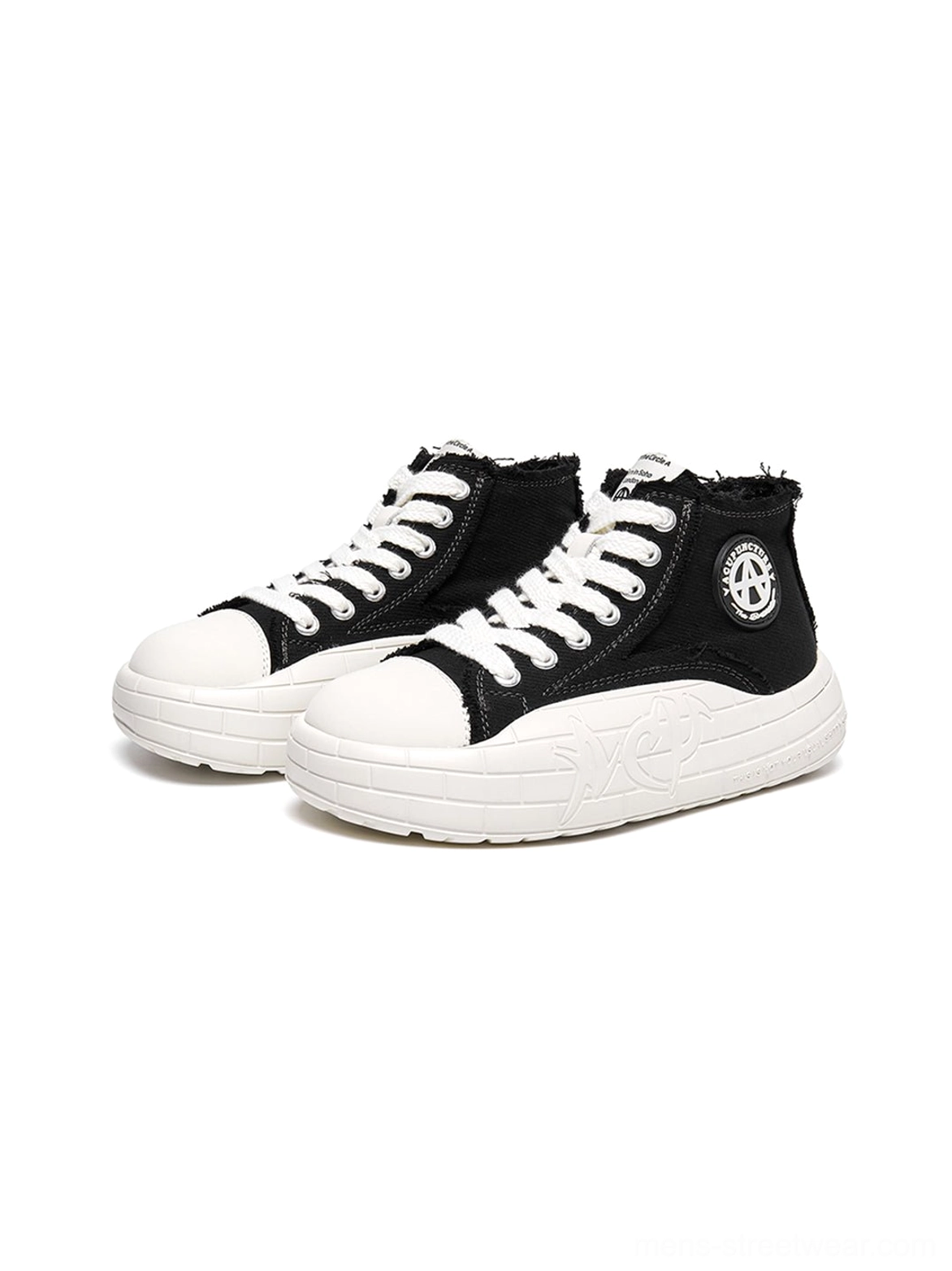Two-tone canvas high-top platform sneakers with bold contrast styling for Korean-inspired streetwear outfits