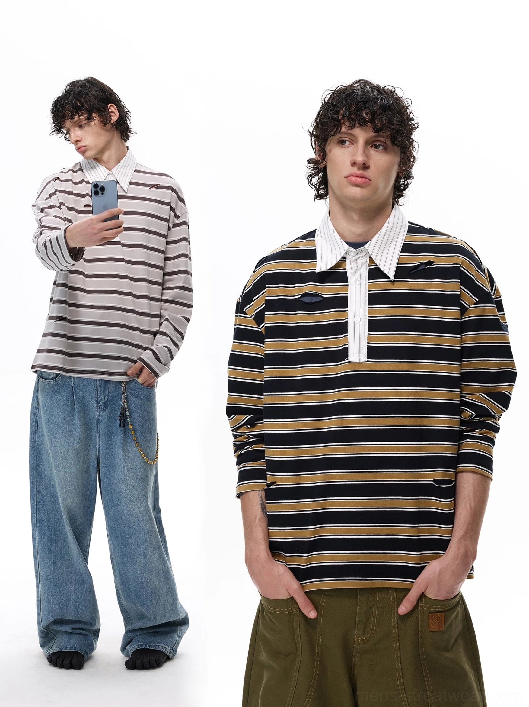 Oversized two-tone striped rugby shirt with contrast white collar and half-button placket styled with denim in a minimalist studio