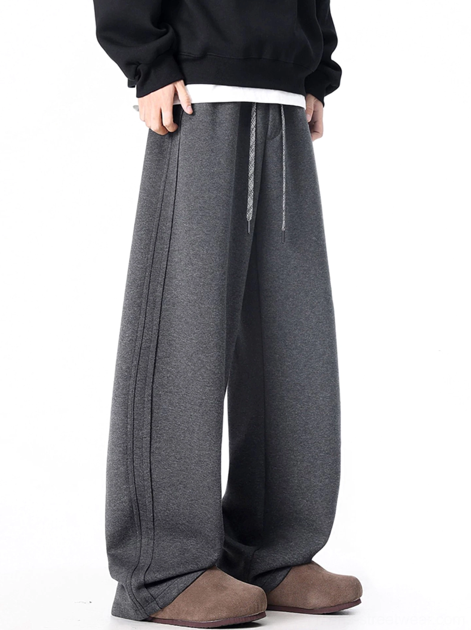 Dark gray ultra-wide drawstring sweatpants front view with long Korean streetwear wide-leg silhouette