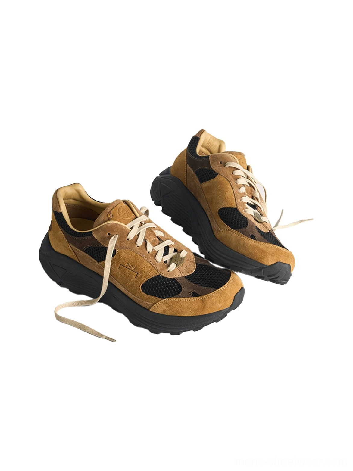Unisex brown suede trail runner sneaker with layered panels black mesh inserts and chunky streetwear outsole