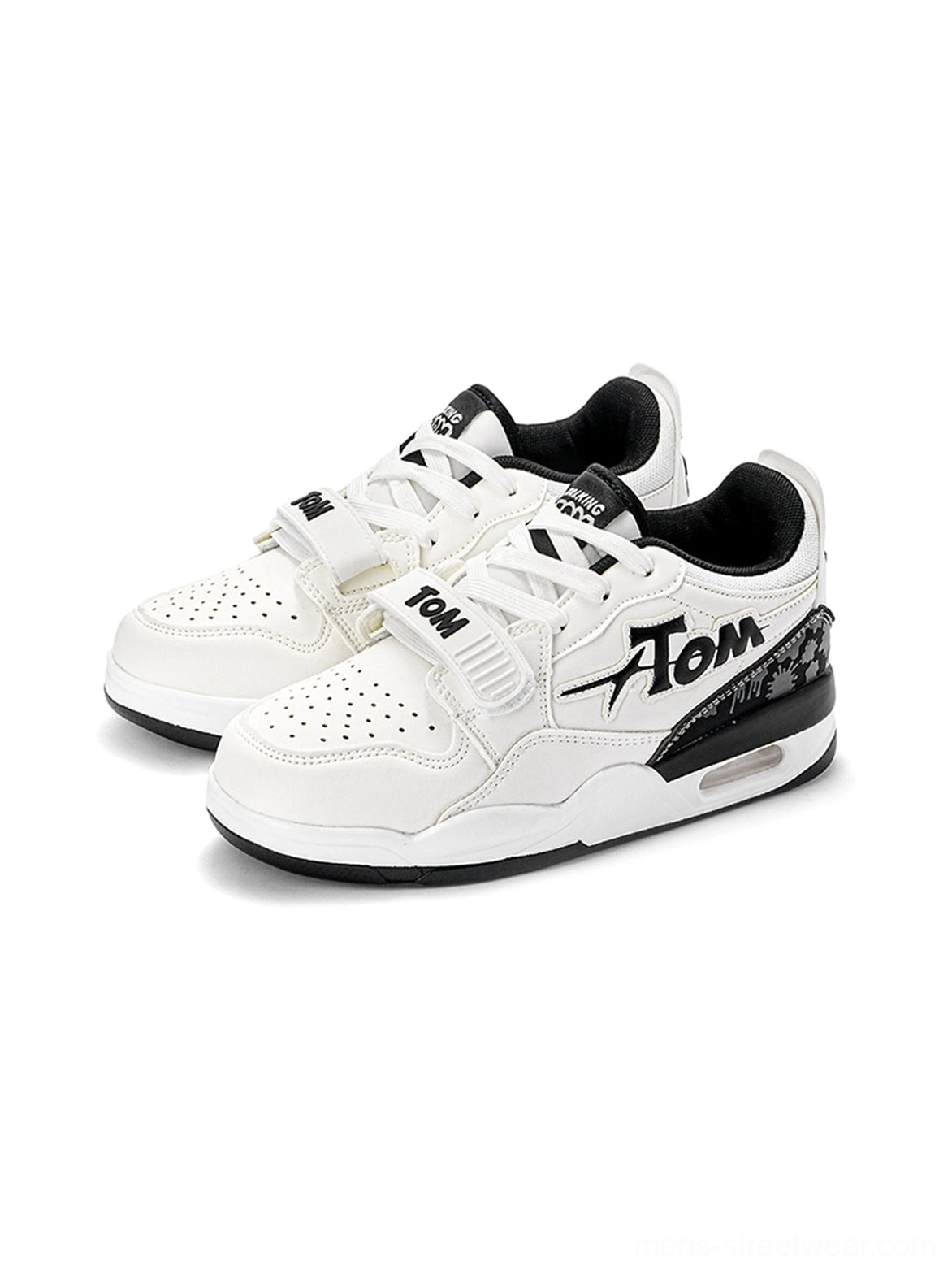 Unisex colorblock basketball court sneakers featuring layered panels, lace-up front, adjustable strap, padded collar, and fashion outsole