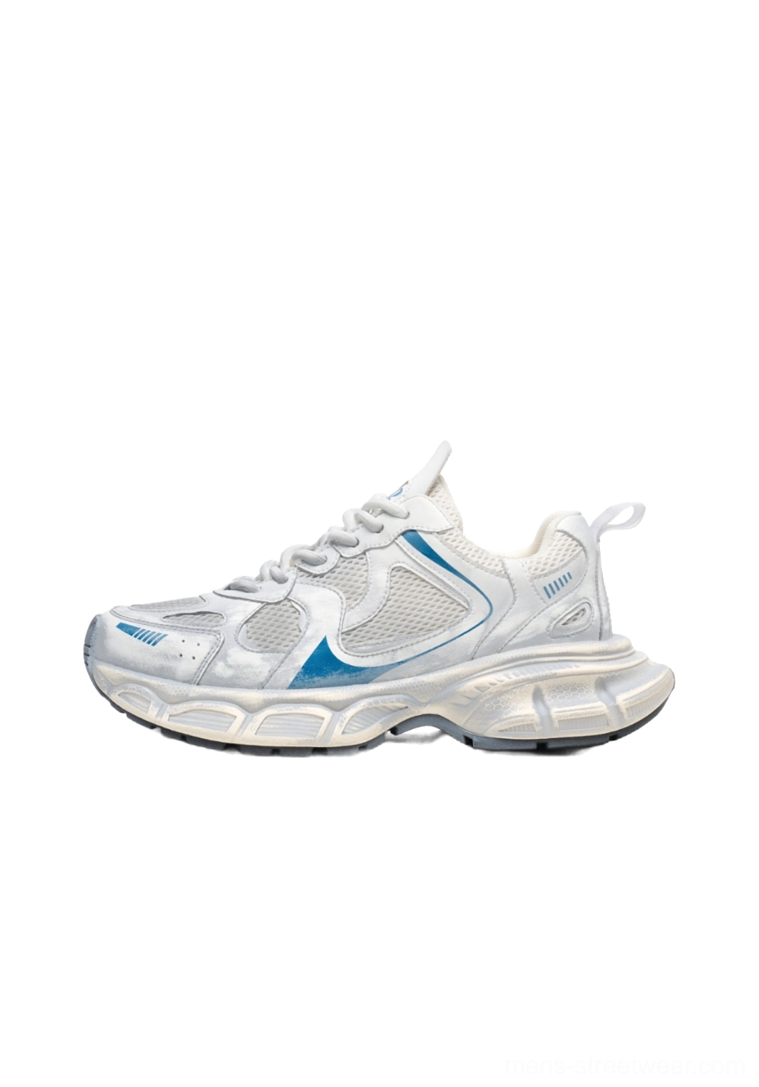 Unisex metallic mesh sneakers with lace-up closure, layered synthetic panels, and futuristic retro runner styling