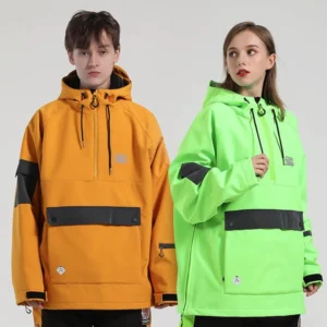 Unisex reflective color block snow anorak jacket shown on two models in studio front view