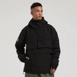 Black unisex utility anorak snow jacket with half zip hood and front cargo pockets worn by male model