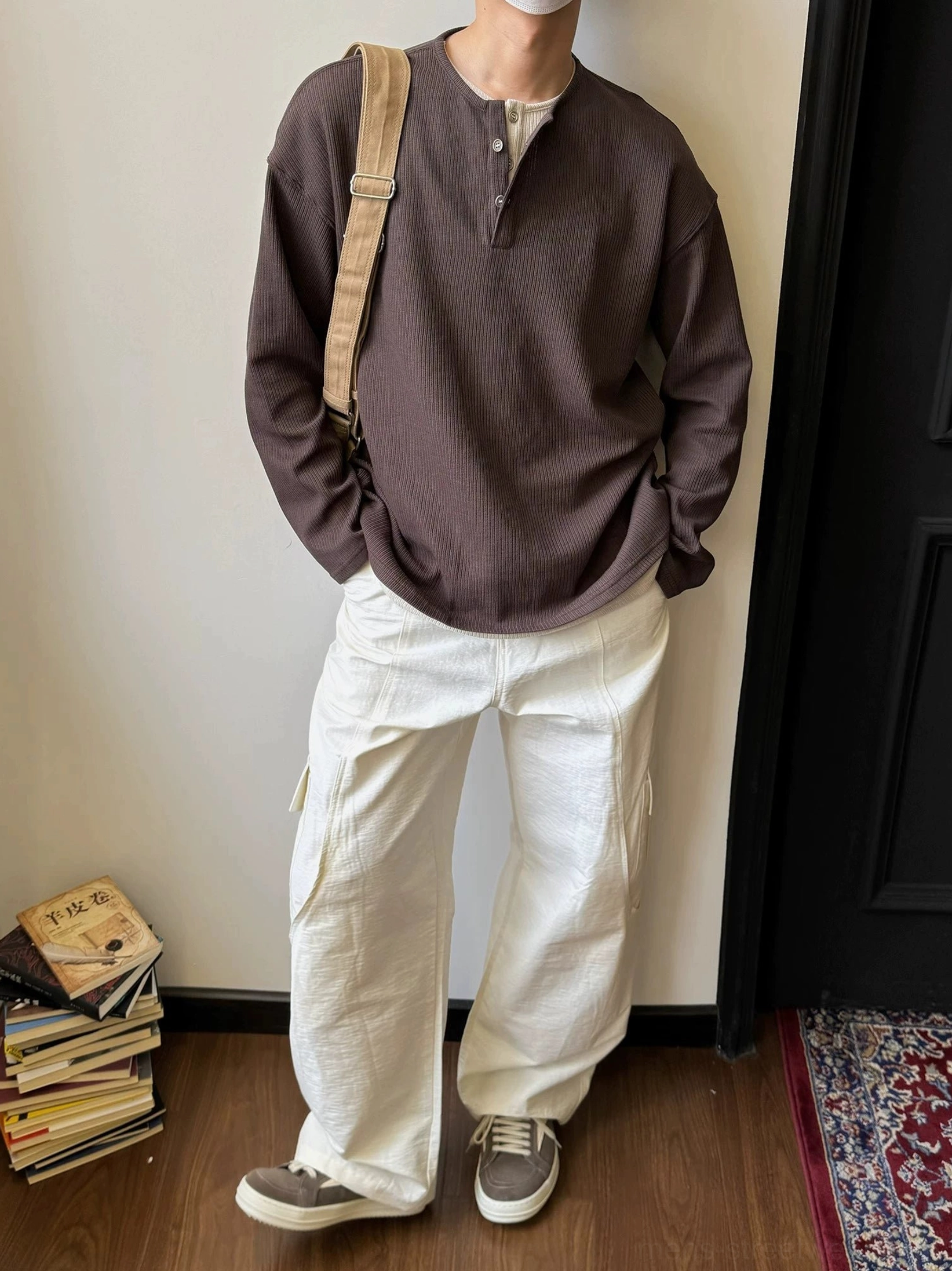 Unisex waffle knit Henley shirt with textured fabric and casual Japanese Korean streetwear influence