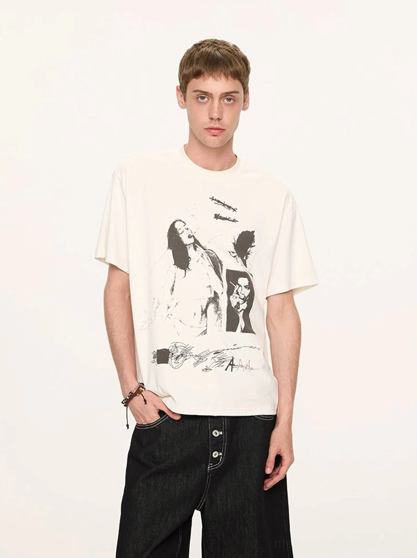 Off-white UPF 50+ retro graphic print T-shirt with portrait collage artwork and handwritten details styled with wide-leg black jeans